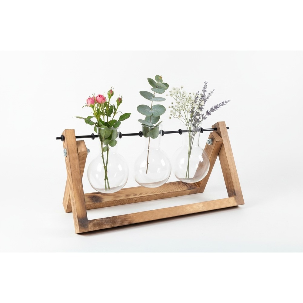 Plant Propagation Station 3 Bulb Glass‎ Vases Burnt Wood Stand Terrarium